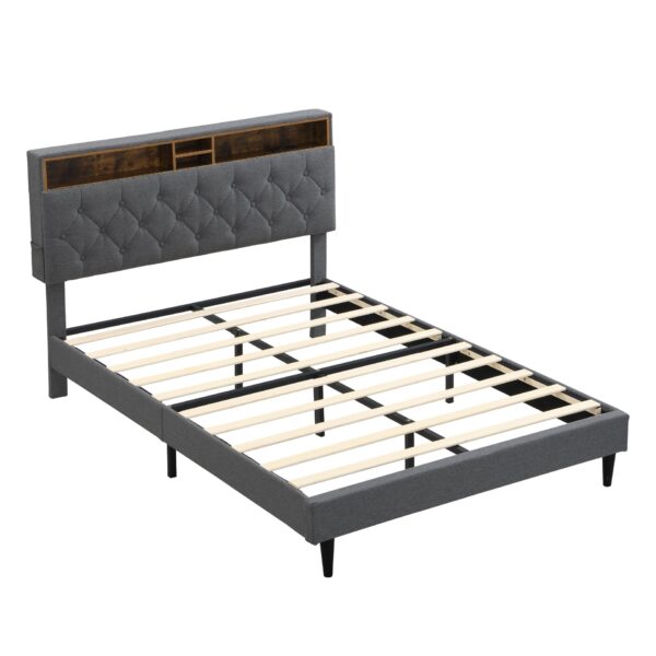 Modern Queen Size Upholstered Platform Bed Frame With Button Tufted Linen Headboard And USB Ports - Dark Gray
