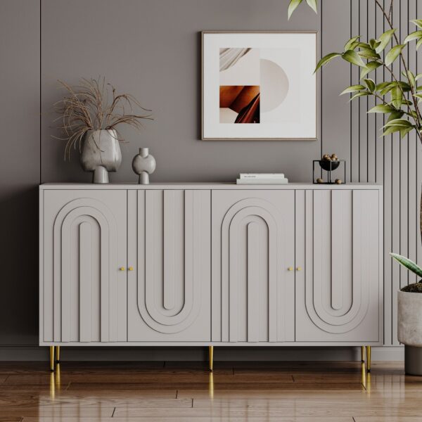 Modern Lacquered 4 Door Wooden Cabinet Sideboard Buffet Server Cabinet Storage Cabinet, For Living Room, Entryway, Hallway, Office, Kitchen And Dining Room - Gray