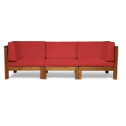 Oana - Contemporary 3 Piece Sofa Set Acacia Wood With Water Resistant Fabric Cushions - Red