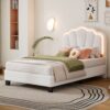 Twin Size Upholstered Flower-Shape Bed, Elegant Flowers Headboard With LED Light Strip, Sherpa Fabric Platform Bed With Slats Support - White - Image 2