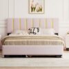 Queen Size Upholstered Platform Bed With 2 Drawers And 1 Trundle, Classic Strip Headboard Design - Pink - Image 12