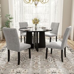 5 Piece Round Dining Table Set, Modern Dining Table And 4 Upholstered Chairs For Dining Room, Kitchen Room, Living Room - Gray / Black