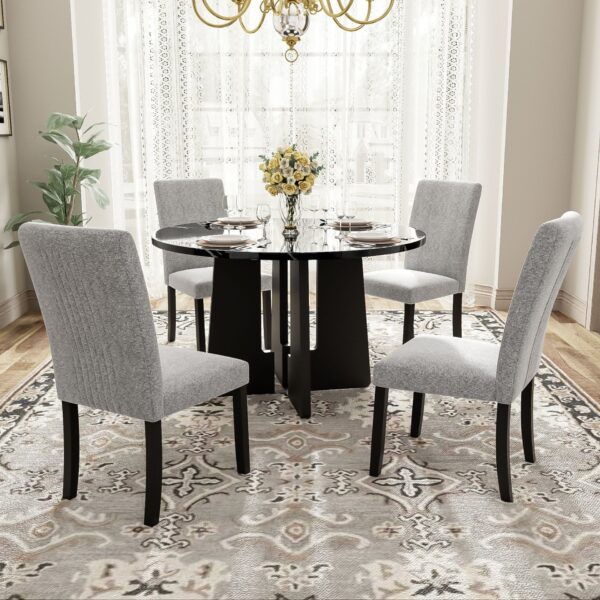 5 Piece Round Dining Table Set, Modern Dining Table And 4 Upholstered Chairs For Dining Room, Kitchen Room, Living Room - Gray / Black