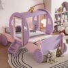 Twin Size Princess Carriage Bed With Crown, Platform Car Bed With Stair - Purple / Pink - Image 13