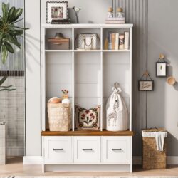 Modern Hall Tree With Entryway Bench, 3 Shelves And Drawers, Wide Hall Tree With Storage Bench For Hallway - White
