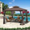 10 X 10 Ft Patio Gazebo Tent With Ventilated Double Roof And Mosquito Net - Brown - Image 2