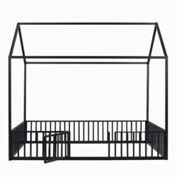Full Size Metal House Bed With Fence And Door - Black