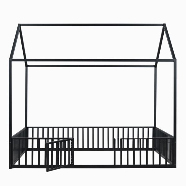 Full Size Metal House Bed With Fence And Door - Black