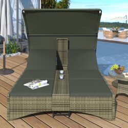 Patio Daybed Outdoor Daybed Sun Lounger With Shelter Roof With Adjustable Backrest, Storage Box And 2 Cup Holders For Patio, Balcony, Poolside - Gray