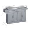 Homcom - Rolling Kitchen Island With Storage, Portable Kitchen Cart With Stainless Steel Top, 2 Drawers, Spice, Knife And Towel Rack And Cabinets - Gray - Image 3