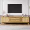 Rattan TV Stand For Tvs Up To 75'', Modern Farmhouse Media Console, Entertainment Center With Legs, TV Cabinet For Living Room, Home Theatre - Natural Wood - Image 2