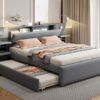 Queen Size Upholstered Platform Bed With Reading Lights, Drawers, Trundle And Shelves - Gray - Image 25
