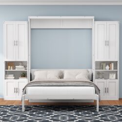 Full Size Murphy Bed With 2 Side Cabinet Storage Shelves, Cabinet Bed Folding Wall Bed With Desk Combo Perfect For Guest Room, Study, Office - White
