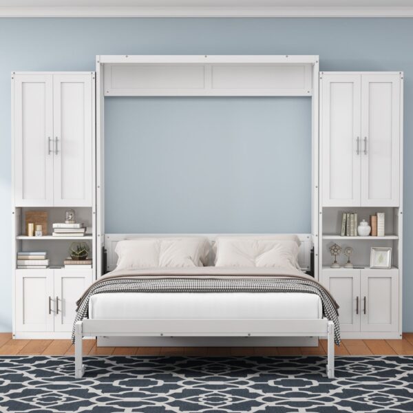 Full Size Murphy Bed With 2 Side Cabinet Storage Shelves, Cabinet Bed Folding Wall Bed With Desk Combo Perfect For Guest Room, Study, Office - White