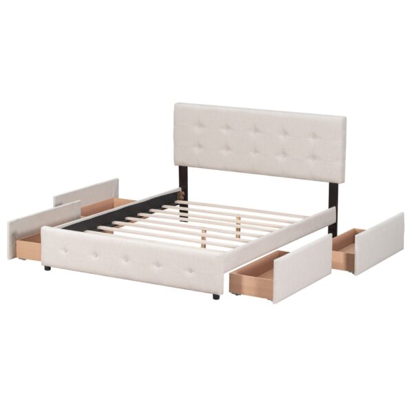 Queen Size Upholstered Platform Bed With Classic Headboard And 4 Drawers, No Box Spring Needed - Beige