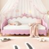 Twin Extending Daybed With LED Lights, Modern Upholstered Princess Daybed With Crown Headboard - Pink - Image 5