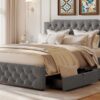 Queen Size Upholstered Platform Bed With 2 Drawers And 2 Sets Of USB Ports On Each Side - Gray - Image 14
