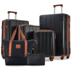 Hardshell Luggage Sets 6 Piece Suitcase Set, Expandable Lightweight Suitcases With Wheels, Tsa Lock - Black Brown