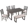 6 Pieces Family Furniture, Solid Wood Dining Room Set With Rectangular Table & 4 Chairs With Bench - Gray - Image 12