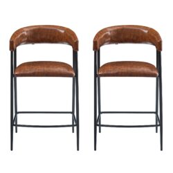 Counter Stools (Set of 2), Upholstered Counter Stools With Iron Frame, Backrest, Footrest, Arm Counter Stools For Home Bar, Kitchen Counter - Brown