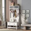 Hall Tree With 6 Hooks And Hinged Lid, Coat Hanger, Entryway Bench, Storage Bench, 3 In 1 Design, For Entrance, Hallway - White - Image 3