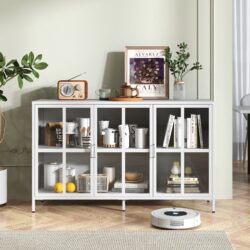 Heavy Duty Metal Modern Sideboard Buffet Cabinet With Storage Premium Steel Storage Cabinet, Adjustable Feet, Glass Doors, Large Capacity Organizer - White