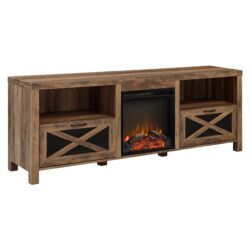 Industrial Farmhouse Metal Mesh Drop Down X Door 70" Fireplace TV Stand For 80" TVs - Rustic Oak