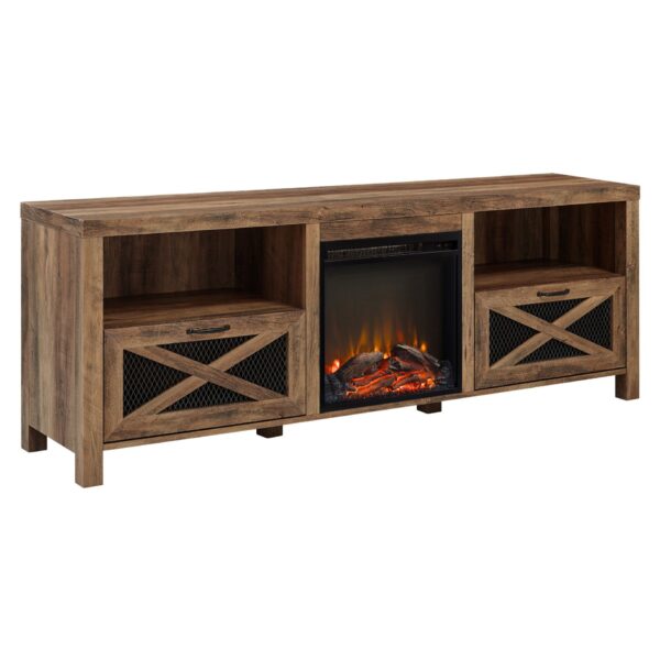 Industrial Farmhouse Metal Mesh Drop Down X Door 70" Fireplace TV Stand For 80" TVs - Rustic Oak