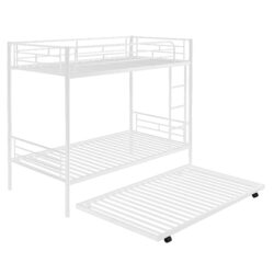 Twin Over Twin Bunk Bed With Trundle, Can Be Divided Into Two Beds, No Box Spring Needed - White