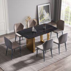 63" Artificial Stone Curved Golden Metal Leg Dining Table, 6 People - Black / Gold