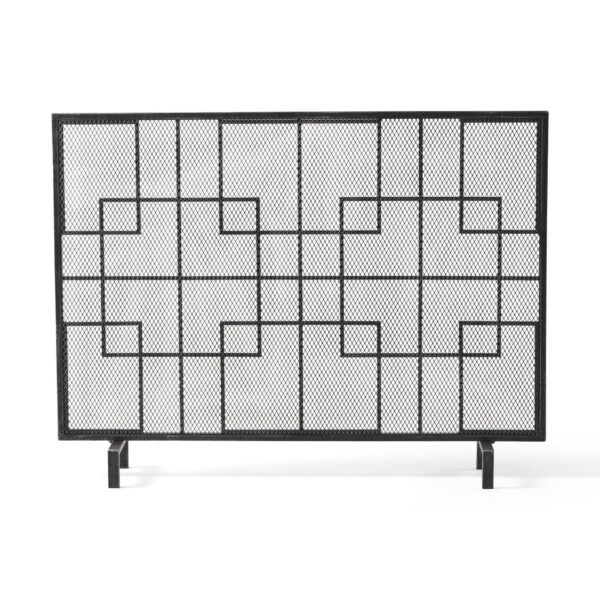 Dorothy - Modern Single Panel Iron Fire Screen With Geometric Pattern - Black / Sliver