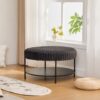 Upholstered Round Ottoman Coffee Table Foot Rest With Metal Legs And Wooden Open Storage Shelf - Charcoal - Image 9