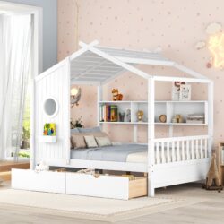 Full Size House Bed With 2 Drawers, Kids Bed With Storage Shelf - White
