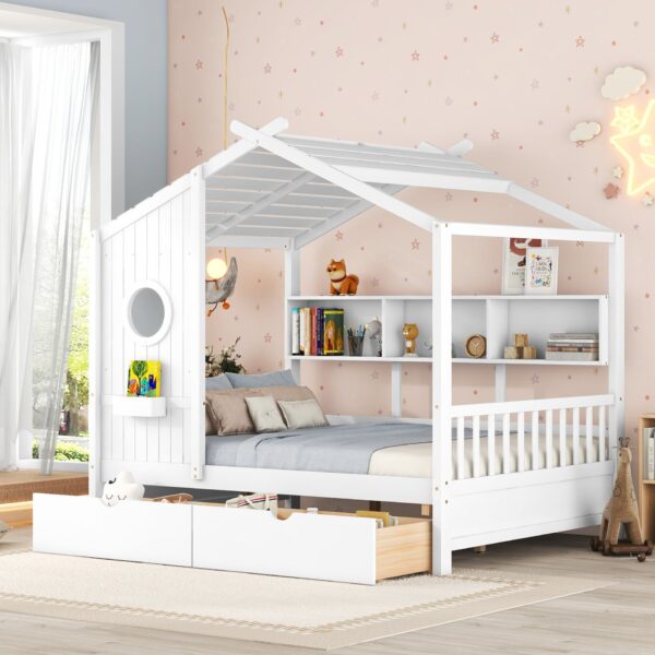 Full Size House Bed With 2 Drawers, Kids Bed With Storage Shelf - White