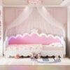 Twin Extending Daybed With LED Lights, Modern Upholstered Princess Daybed With Crown Headboard - White - Image 2