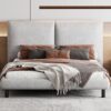 Queen Size Upholstered Platform Bed With 2 Large Headrests And Thick - Beige - Image 12