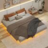King Size Floating Bed With LED Lights Underneath, Modern King Size Low Profile Platform Bed With LED Lights - Gray - Image 2