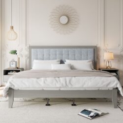 King Size Mid Century Solid Wood Platform Bed With Upholstered Headboard - Gray