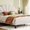 Queen Size Upholstered Platform Bed With Flower Pattern Headboard - Beige - Image 13