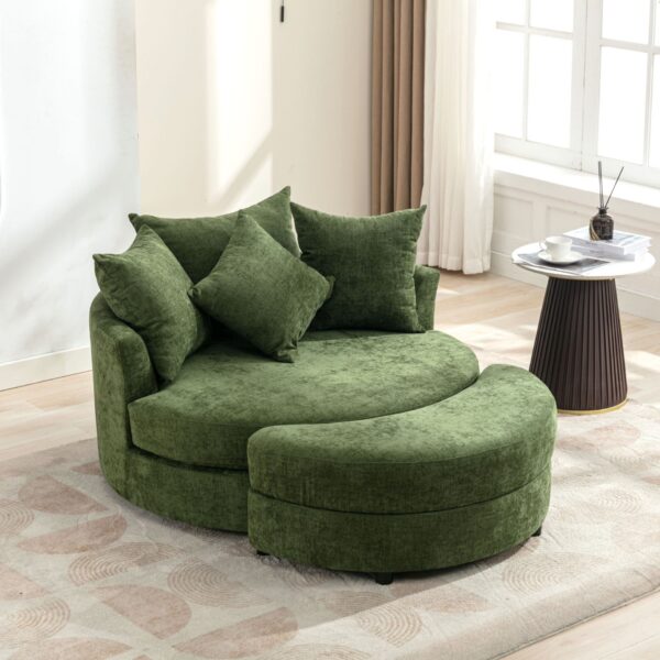 360° Swivel Accent Barrel Chair With Storage Ottoman & 4 Pillows, Modern Chenille Leisure Chair Round Accent For Living Room - Green