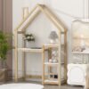 House-Shaped Wooden Writing Desk, Kids Study Table, Bookshelf & Toy Storage - Natural - Image 6