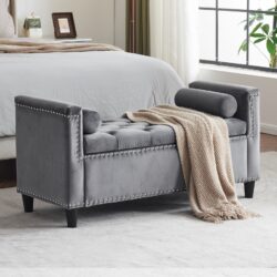 Storage Bench, Queen Velvet Button Bedside Bench, Entryway Living Room With Armrests, Nailhead Trim, Upholstered Bedroom Bench, Bedside Ottoman, Living Room, Entryway - Gray