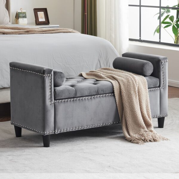 Storage Bench, Queen Velvet Button Bedside Bench, Entryway Living Room With Armrests, Nailhead Trim, Upholstered Bedroom Bench, Bedside Ottoman, Living Room, Entryway - Gray