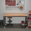Adjustable Workbench For Garage, Rubber Wood Heavy Duty Workstation With Power Outlets & Wheels, 2000 Lbs Load Capacity Hardwood Worktable For Workshop - Black - Image 3