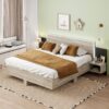 King Size Floating Platform Bed, With LED Lights, Bedside Nightstand - Natural - Image 12