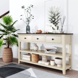 Retro Design Console Table With Two Open Shelves, Pine Frame And Legs For Living Room - Espresso / Beige