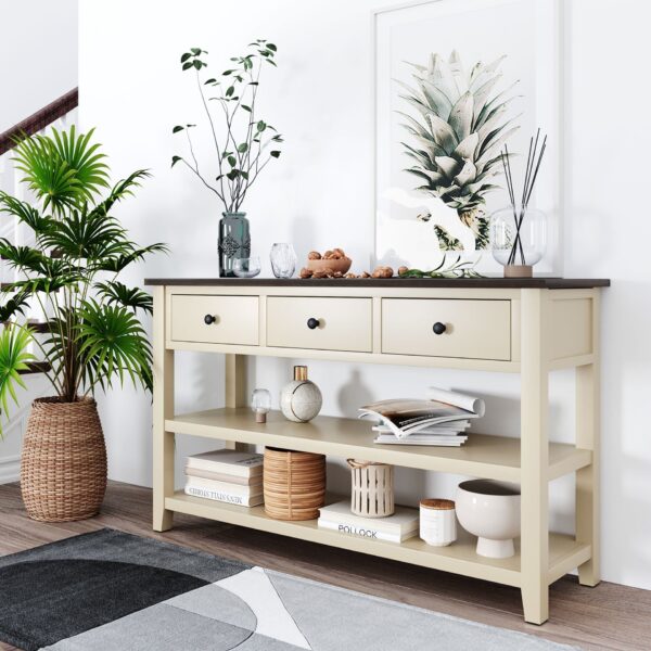 Retro Design Console Table With Two Open Shelves, Pine Frame And Legs For Living Room - Espresso / Beige