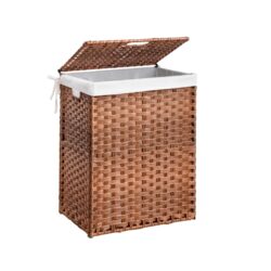 Laundry Hamper With Lid PE Rattan Powder Coating Frame Clothes Hampers With 2 Removable Bags, 100L - Brown