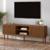 TV Stand With Vertical Slatted Doors And Sliding Panels, Solid Wood Legs - Brown - Image 5