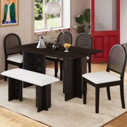 Modern Double Pedestal 6 Piece Dining Table Set, 4 Upholstered Rattan Back Dining Chairs And Bench For 6 - Espresso